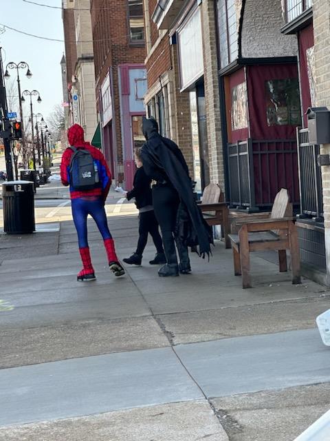 Batman and Spiderman and me outside