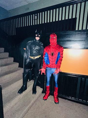 Batman and Spiderman on Stairs