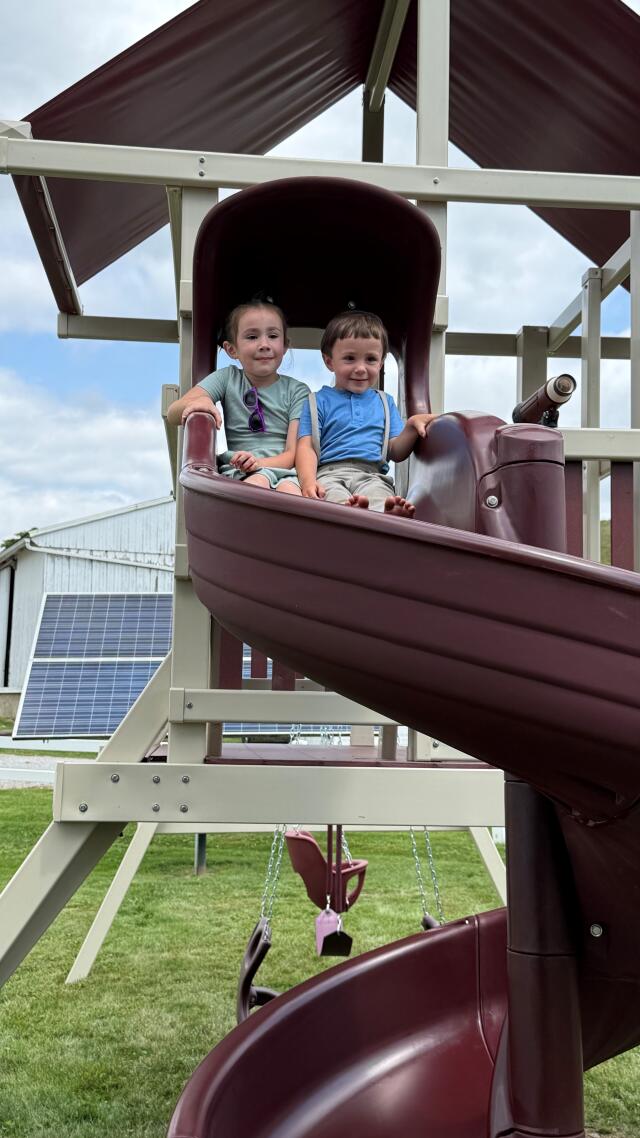 Closeup Isaac and Sister Going Down Slide